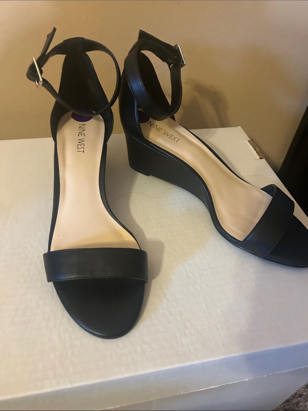 Nine West Black Ankle-Strap Wedge Sandals New 8.5